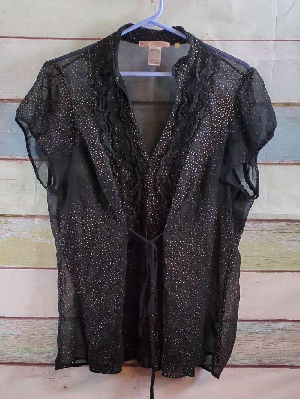 Free 2 Luv Sheer Black Metallic Dot Tie-Front Women's Top